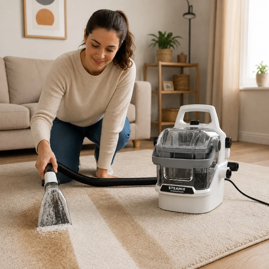 Clenova cleaning a living-room rug with high-temperature steam