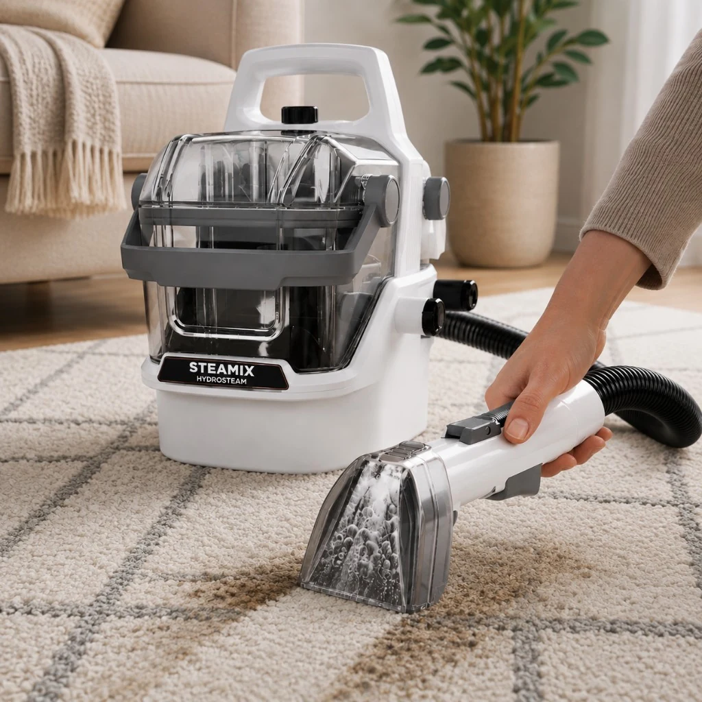 Clenova handheld nozzle lifting a stain from a living-room rug