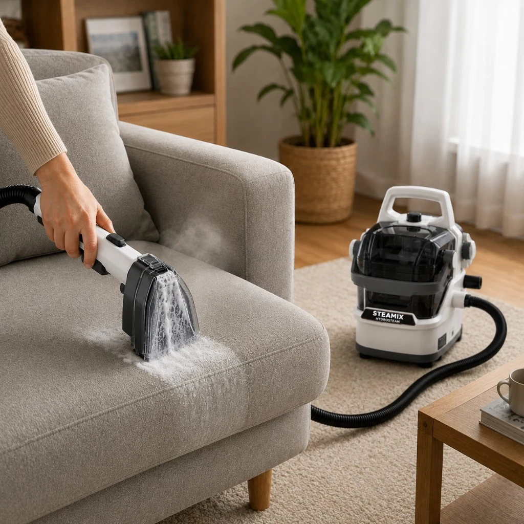 Clenova steaming the arm of a fabric sofa