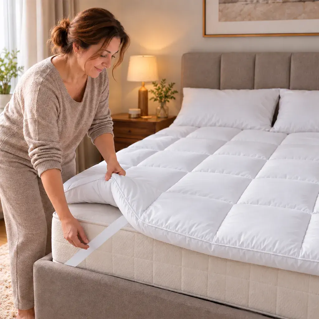 Comfora mit 4 Seitenelastiken am Bett befestigt