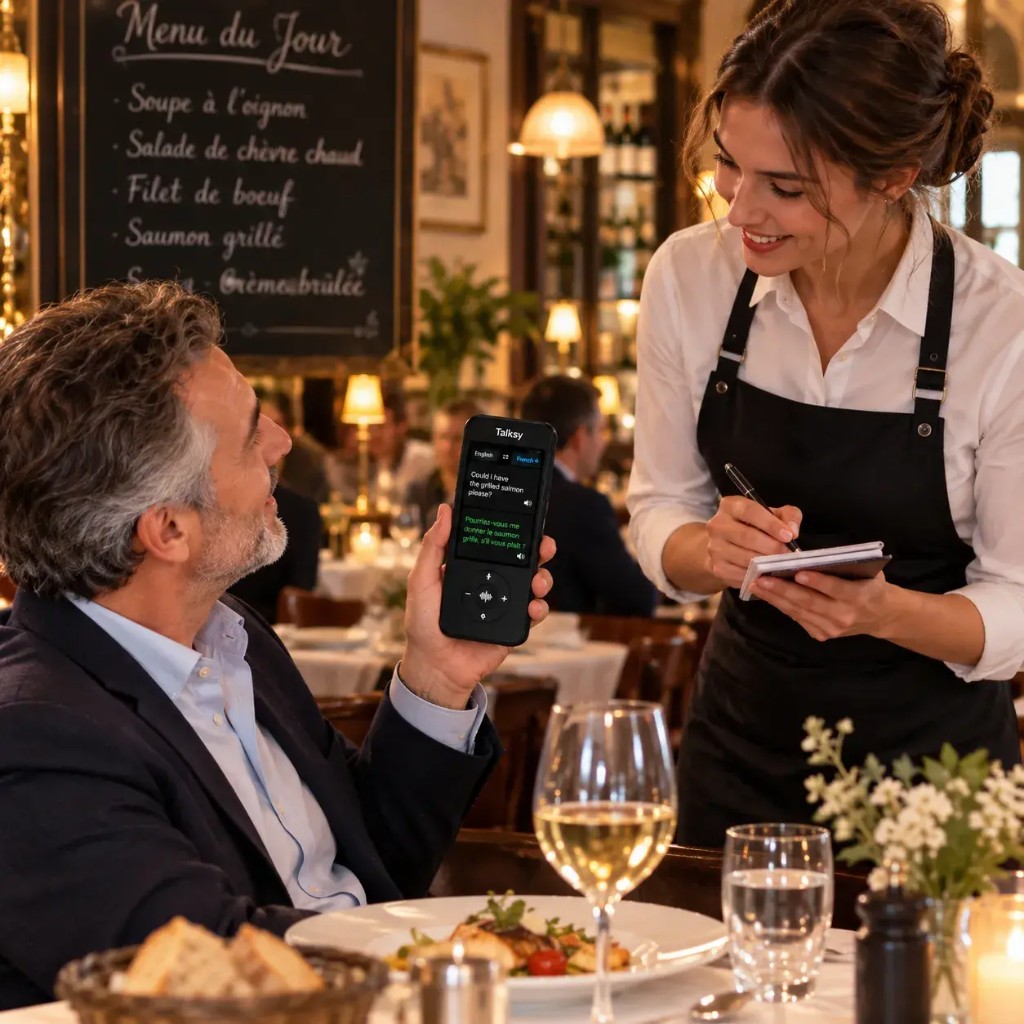 Talksy übersetzt ein Restaurantgespräch in Echtzeit