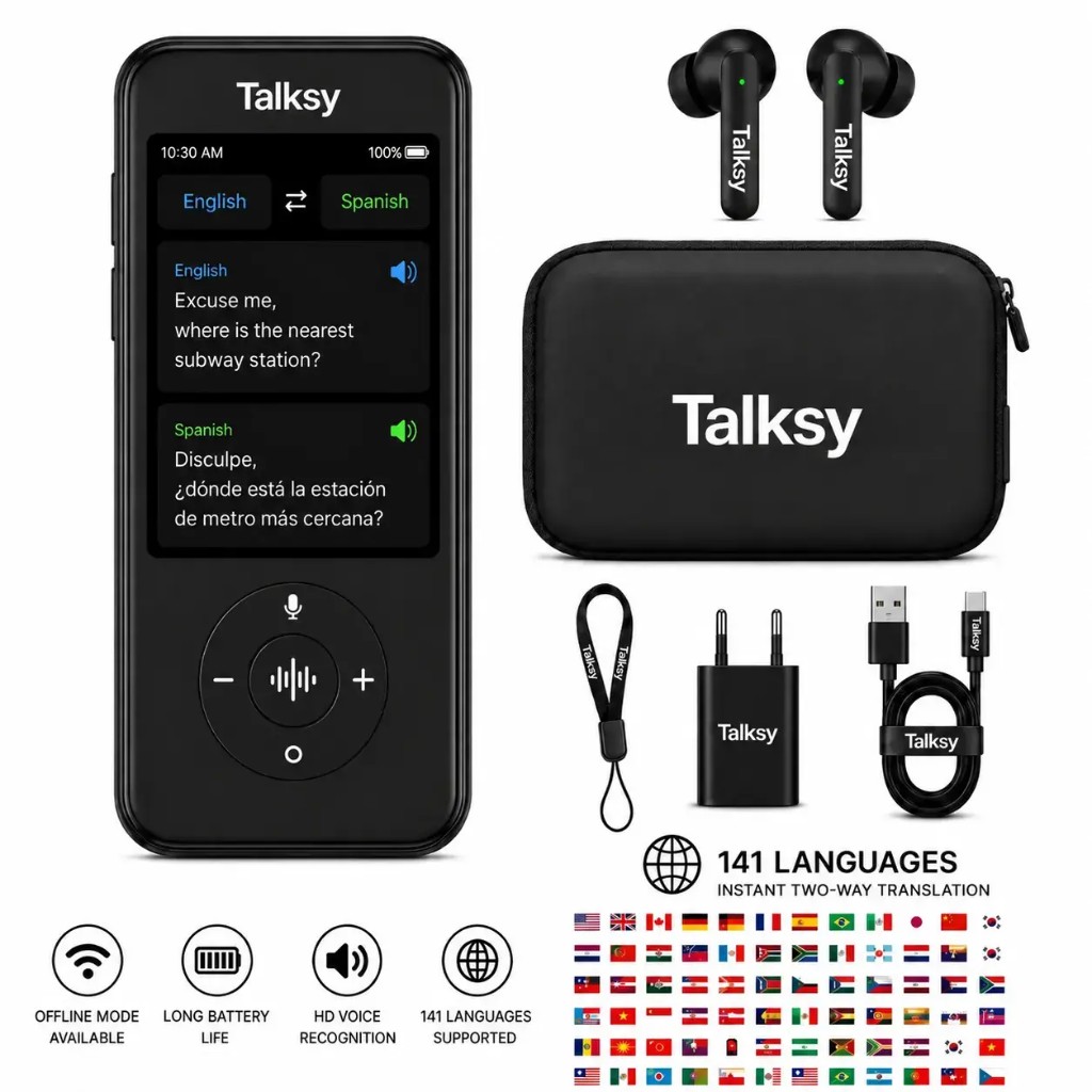 Talksy AI vertėjo rinkinys su ausinėmis ir priedais