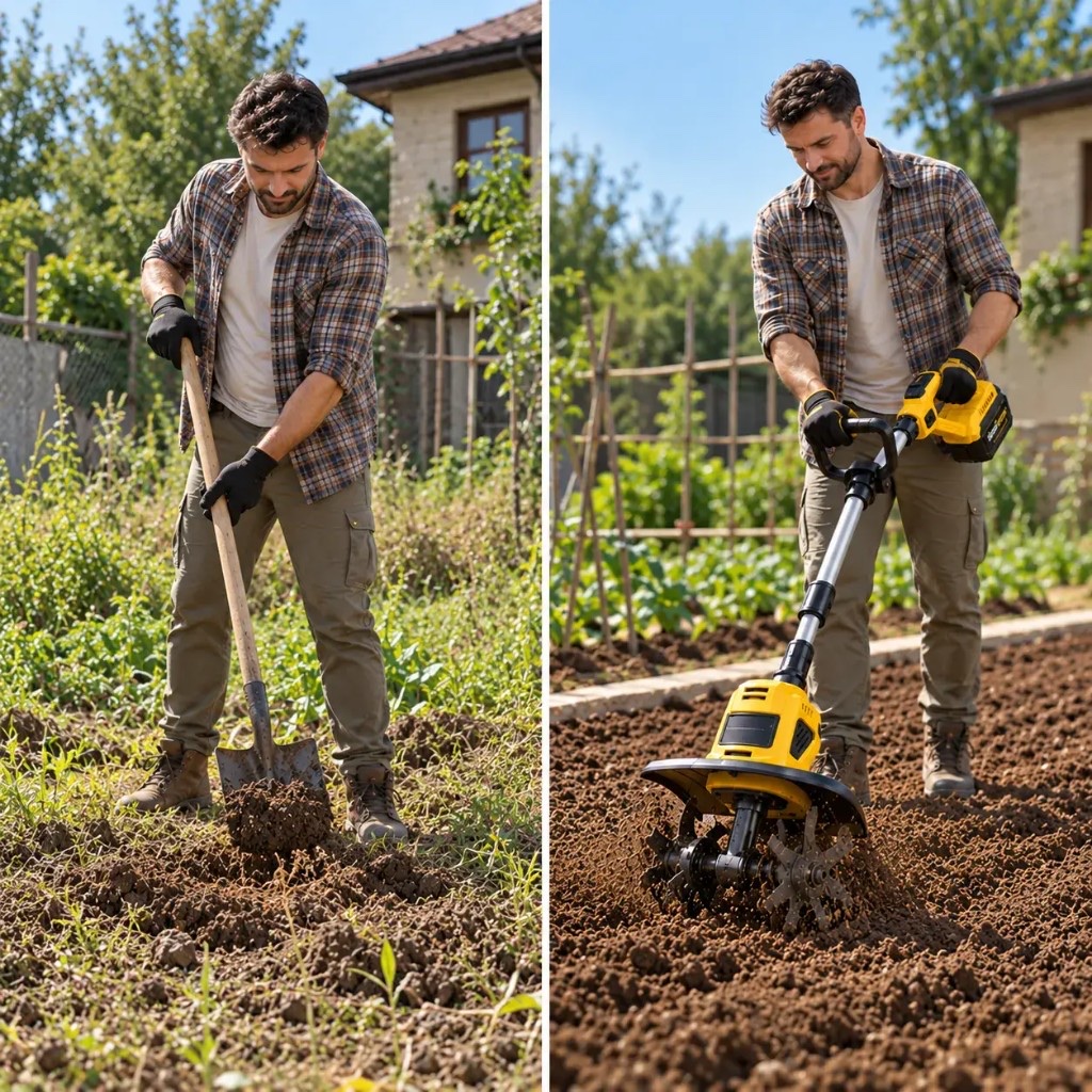Handschaufel vs TerraForge Akku-Bodenhacke im Garten