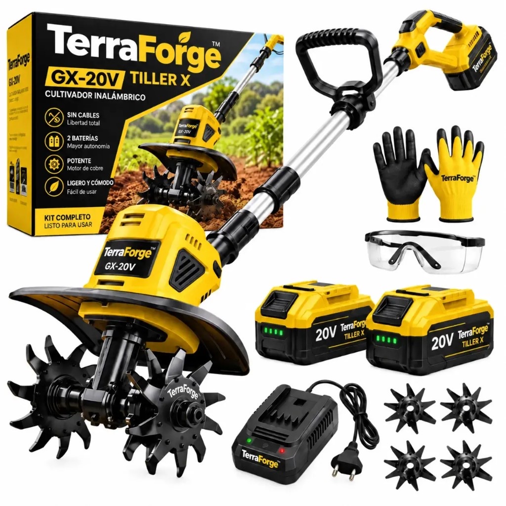 Pilnas TerraForge rinkinys: kultivatorius, baterijos, kroviklis ir priedai