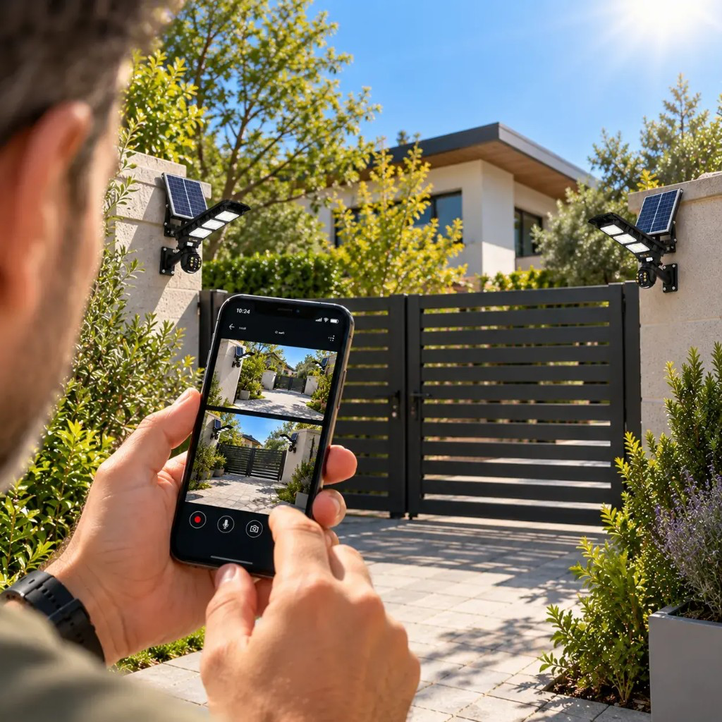 Checking live dual-camera feed from VizoLite solar lights on a gated driveway