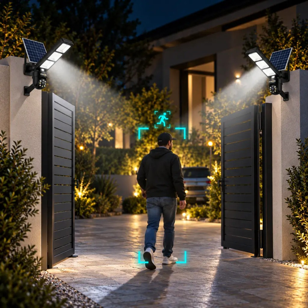 VizoLite motion detection at night — LEDs illuminate and track movement at the gate