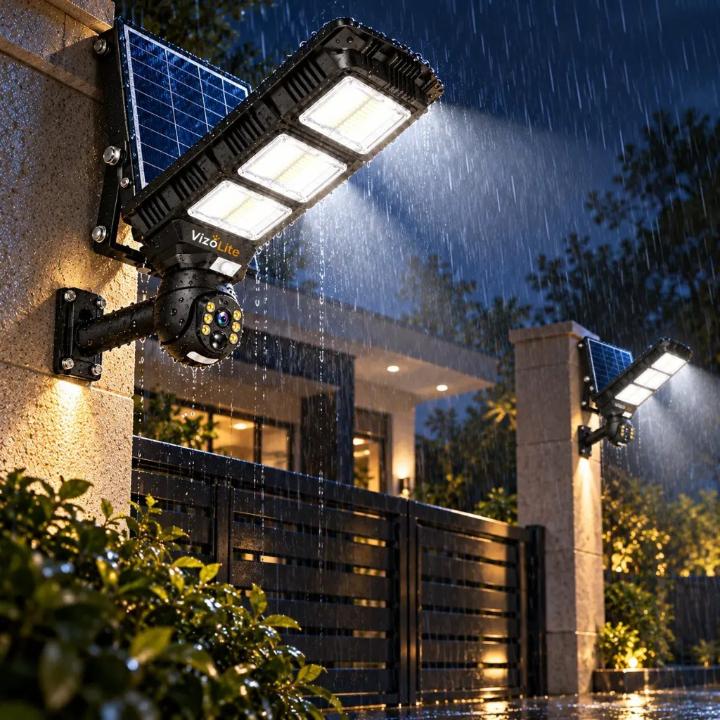 VizoLite solar security light working in heavy rain — waterproof LEDs and camera