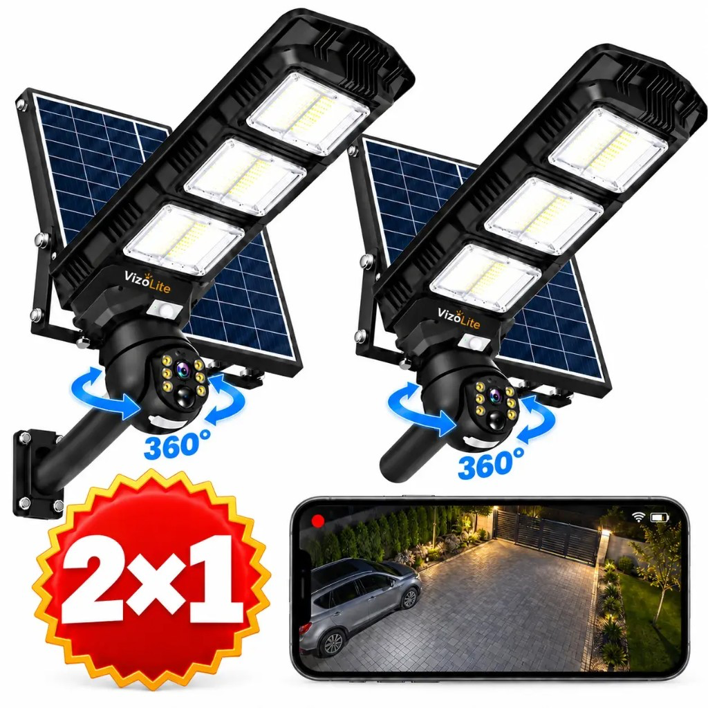VizoLite 2×1 pack — two solar LED security lights with 360° camera and app preview