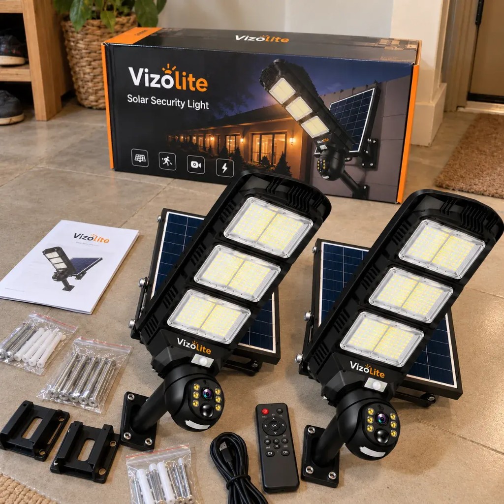 VizoLite 2×1 solar security light kit — box, two units, remote and mounting hardware