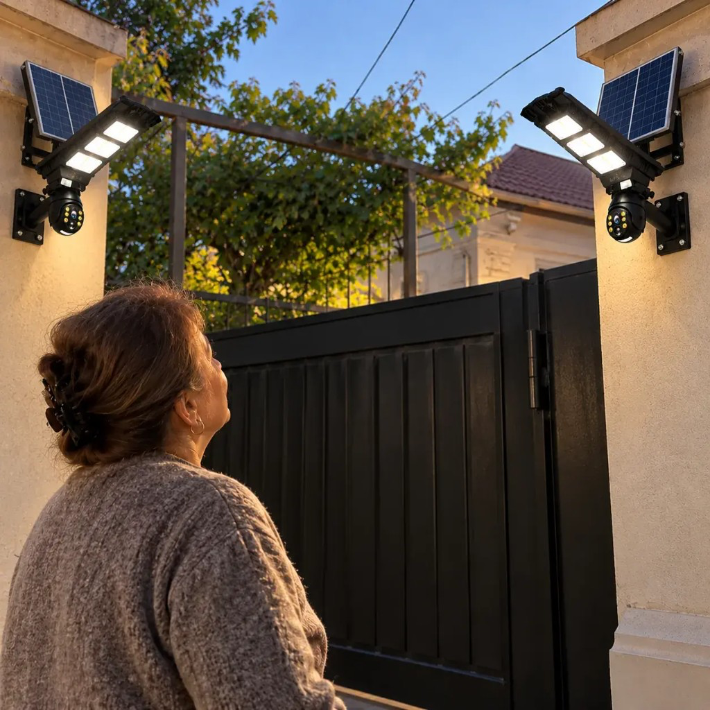 Two VizoLite solar lights on gate pillars lighting the driveway at dusk
